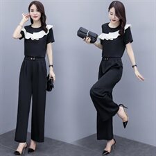 2021夏款新款露肩荷叶边拼接上衣+高腰双排扣阔腿裤套装，女装套装/套裙，瑶迪依秀