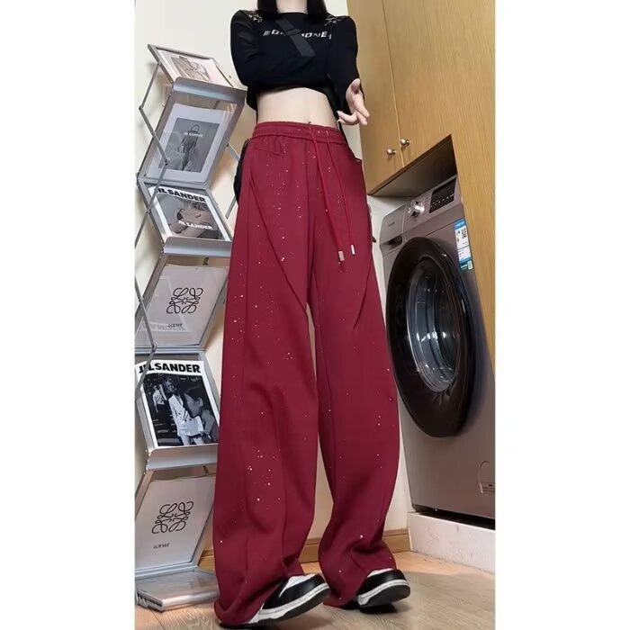 早秋黑色满天星裤子女设计感褶皱垂坠感阔腿休闲裤子,男装休闲裤,星座506A
