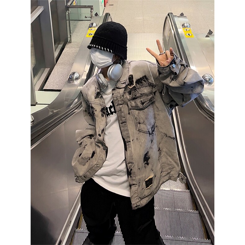 美式牛仔外套男春扎染破坏牛仔衣设计感高街夹克潮NT521P75，男装工装外套，星座301D-2(原星座1004-1）