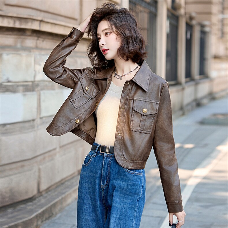 水洗皮衣外套女2025春秋新款复古小个子美拉德修身机车风夹克上衣,女装皮衣,臻衣坊