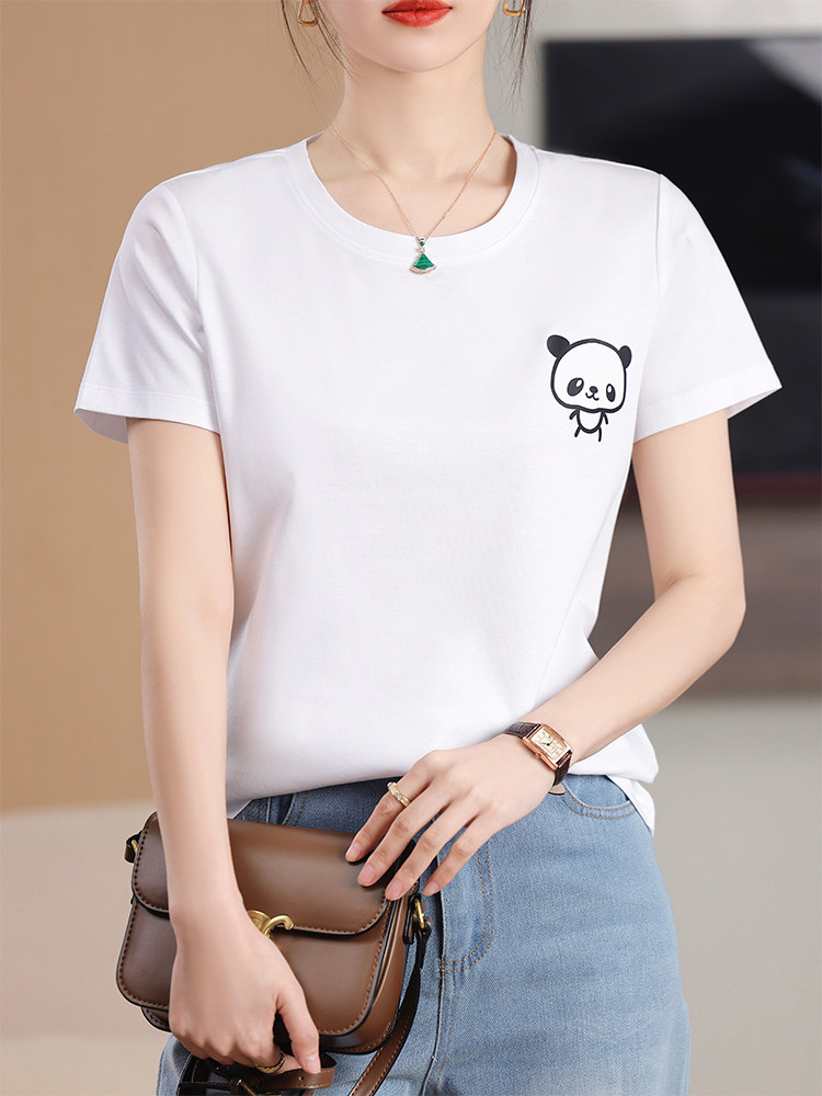 烫画熊猫工艺小众个性舒适棉T,女装T恤,元素羊绒