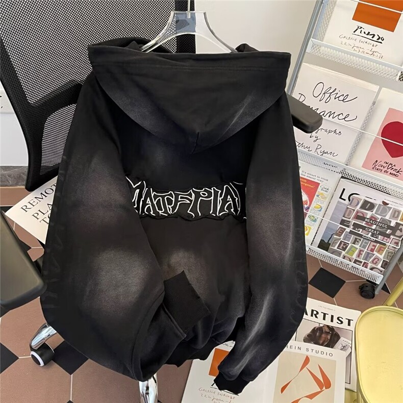 美式贴布泥染做旧卫衣外套女男同款小众潮牌情侣拉链开衫WY3803，女装短外套，星座601-2