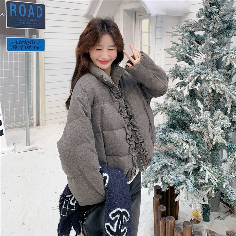 灰色立领木耳边短款羽绒服女2025新款90绒保暖显瘦小个子外套,女装羽绒服,维壹