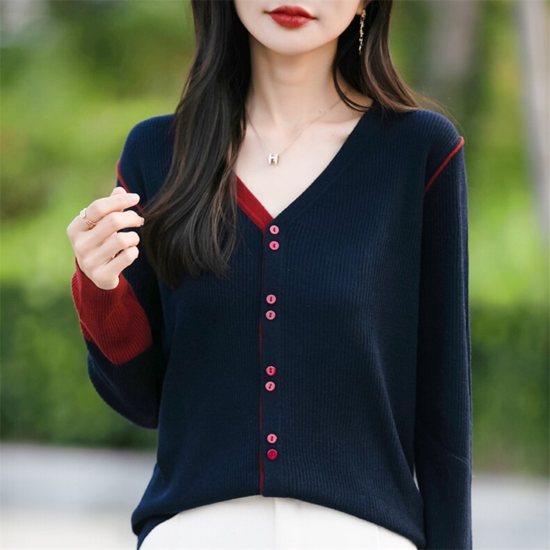 撞色针织开衫女2025春新款长袖上衣V领坑条毛衣显瘦小个子短外套,针织衫/毛衣,佳绒包芯纱店