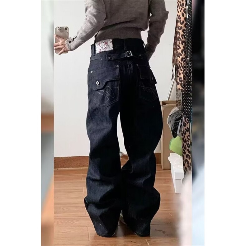 美式复古蓝色水洗做旧铆钉褶皱牛仔裤男加长高个子痞帅阔腿裤子,男装牛仔裤,星座601-1