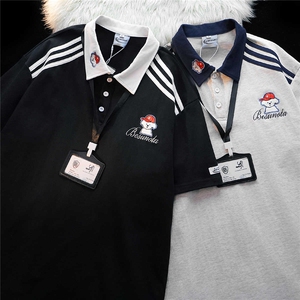H0697-P40条纹polo领短袖t恤女纯棉2026夏宽松学院风半袖情侣上衣