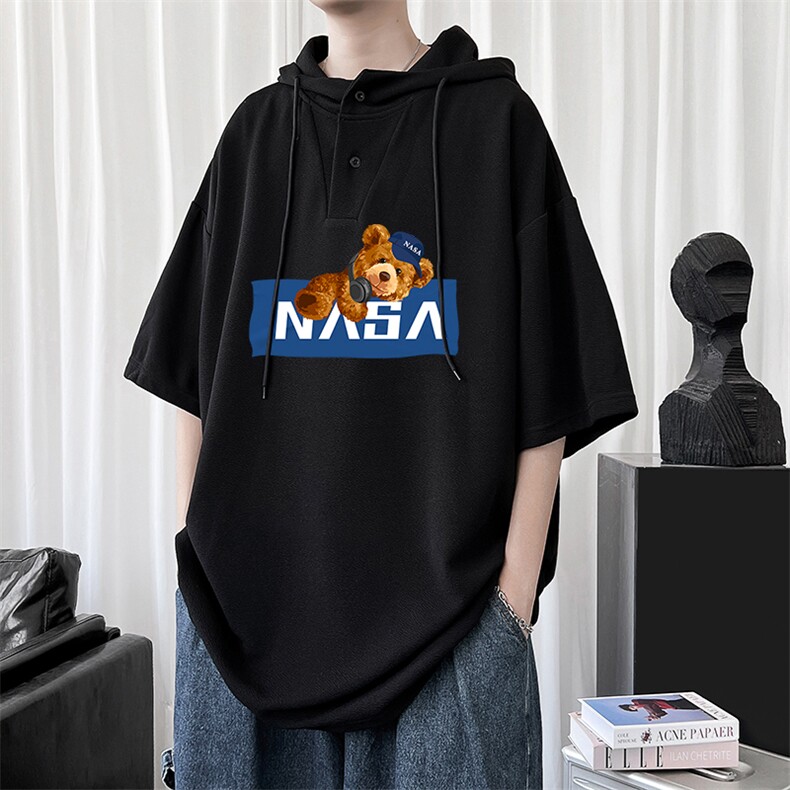 LD54247-P45NASA 连帽短袖t恤男大码胖子带帽五分袖中袖图片