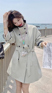 韩系高级感米白色风衣外套女2025年春秋季新款显瘦撞色中长款大衣图片