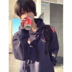 美式休闲徽章刺绣连帽卫衣男女春秋季重磅设计感潮牌情侣上衣图片