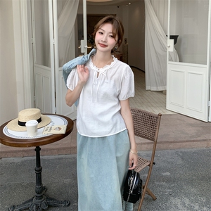 韩系休闲浅蓝色牛仔套装裙女2025夏新款显瘦马甲T恤半身裙三件套图片