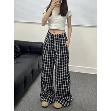 复古格子休闲裤女宽松慵懒风阔腿直筒排扣设计拖地裤LK20011-p50，男装休闲裤，星座1008