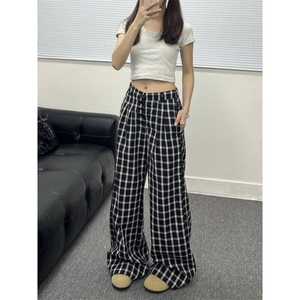 复古格子休闲裤女宽松慵懒风阔腿直筒排扣设计拖地裤LK20011-p50图片