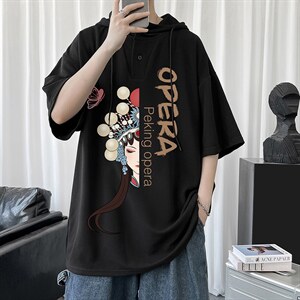 LD54161-P45 京剧脸谱连帽短袖t恤男大码胖子带帽五分袖中袖图片