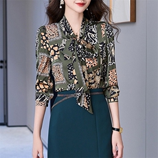 上衣衬衫女款春季时尚翻领女装立领长袖收腰气质豹纹花显瘦小个子，女装衬衫，火爆靓佳人
