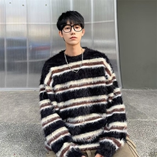 黑白条纹水貂绒毛衣男女款秋冬季高级感毛绒软糯圆领套头针织毛衫，男装针织衫/毛衣，星座506