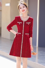 春秋款长袖亮丝连衣裙女装高端名媛时尚高级感显瘦小香风内搭裙子，女装连衣裙，丽美静依