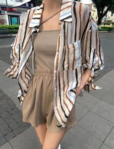 夏季新款欧洲站洋气彩色条纹时尚衬衫图片