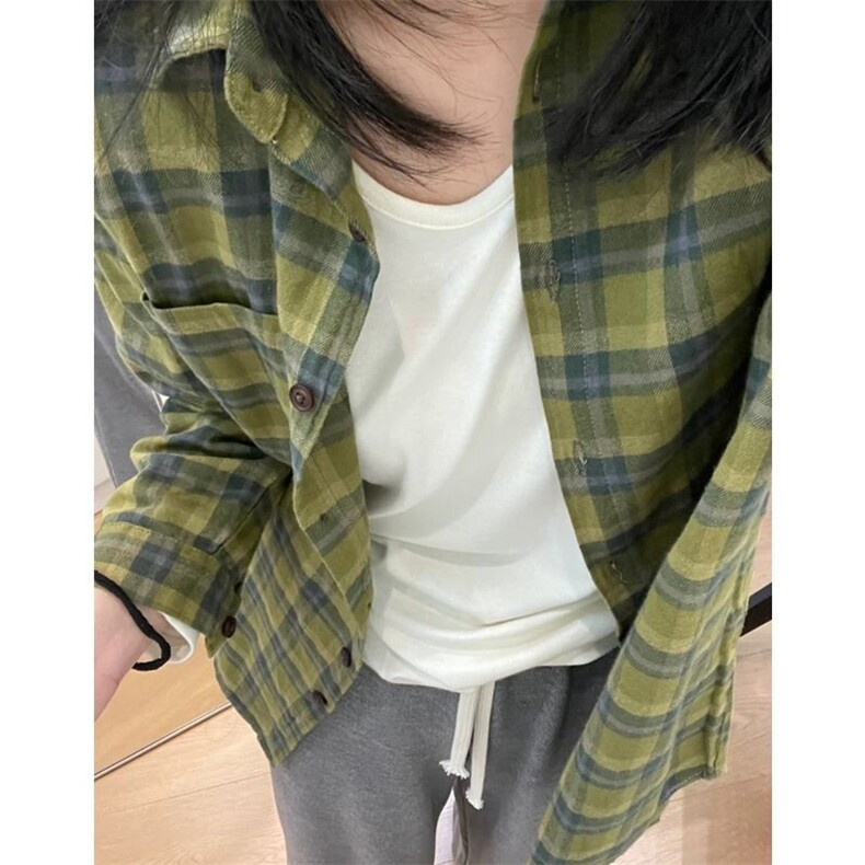 TC709-P25 日系复古格子长袖衬衫 新款休闲慵懒风宽松上衣外套图片