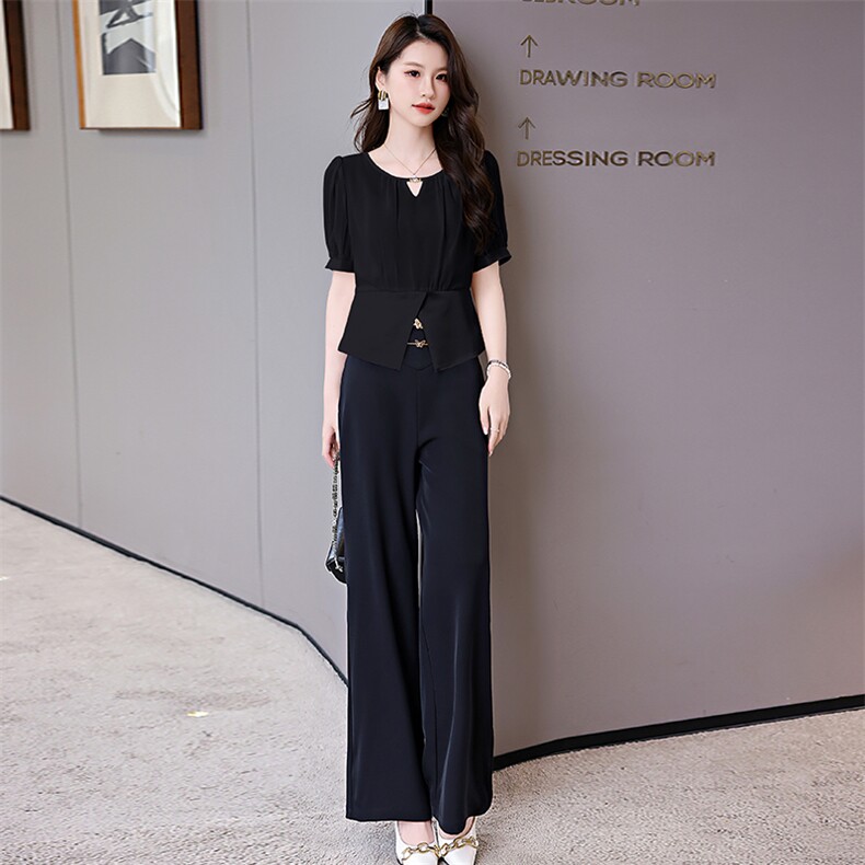 休闲时尚职业套装女2025夏新款时尚百搭拼接衬衫垂感阔腿裤两件套,女装套装/套裙,卡杰菲