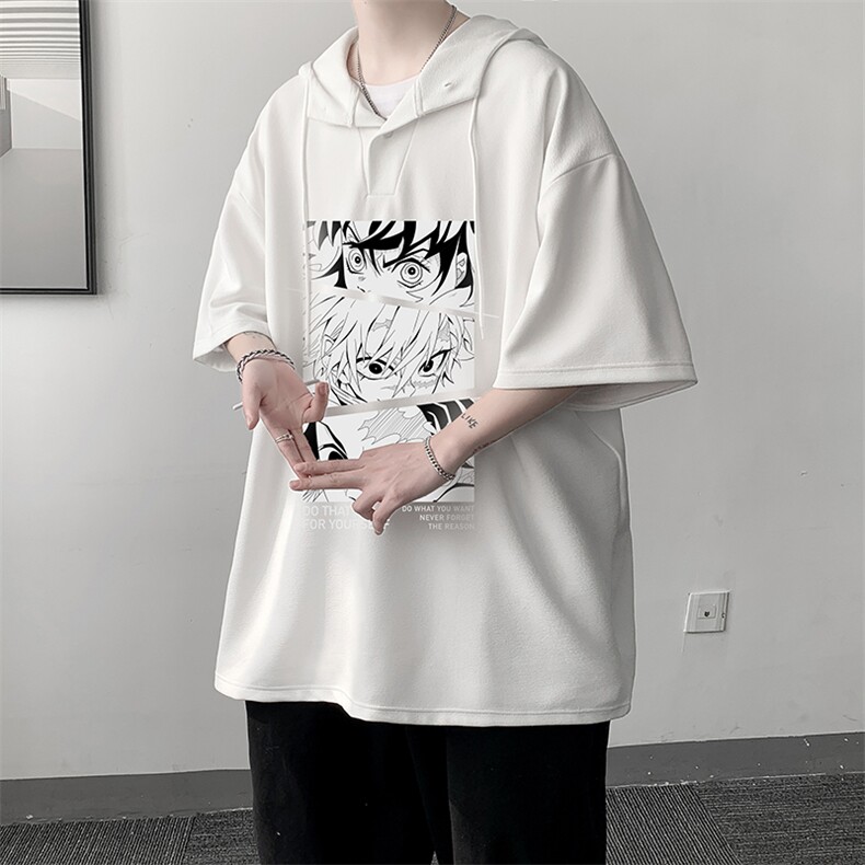 LD54176-P45连帽短袖t恤男大码胖子带帽五分袖中袖大皂风,男装T恤,电商A040