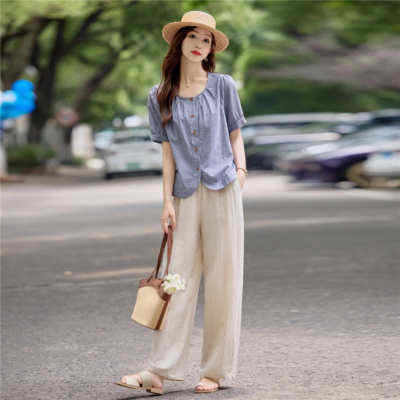 现货，，竖条套装女2025夏季新款高级感气质显瘦阔腿裤两件套,女装套装/套裙,依万里