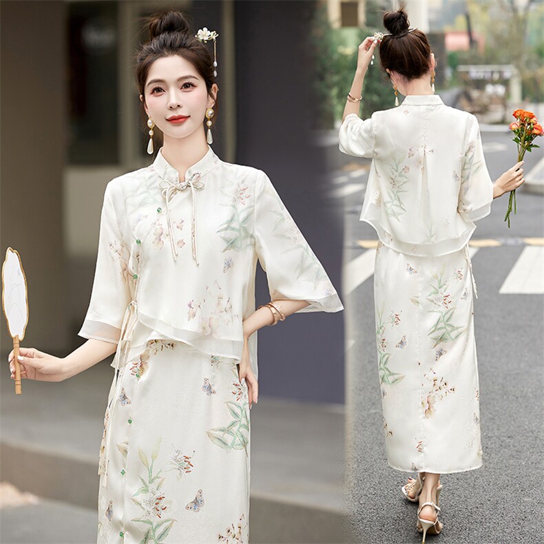 新中式改良旗袍套装女2025夏新款轻奢禅意年轻款汉服碎花两件套裙，女装套装/套裙，众宇琦