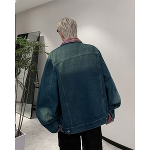 红格纹拼接牛仔外套男春秋vintage美式街头潮牌宽松情侣夹克N1238图片