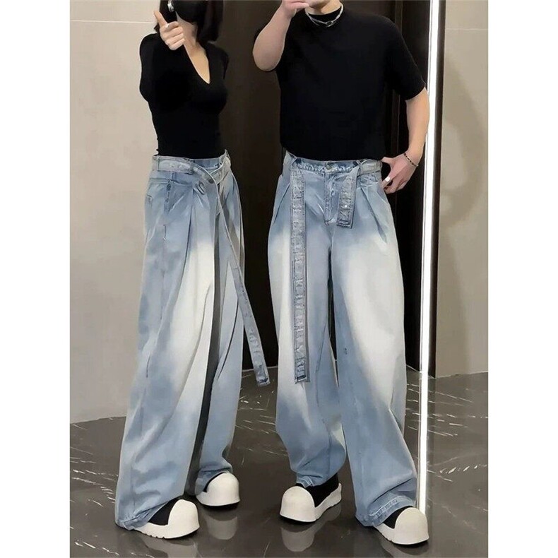 有货龙叨叨春季设计腰带牛仔裤复古水洗宽松阔腿弯刀裤NKK02P65，男装牛仔裤，电商D256-1(原A064-1)