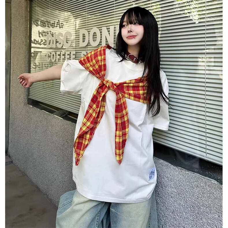 拼接格子布装饰高品质260克双纱纯棉美式高街短袖T恤特P35,男装T恤,电商A486