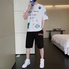 夏季新款短袖T恤套装青少年休闲宽松潮流两件套男装F310P58图片