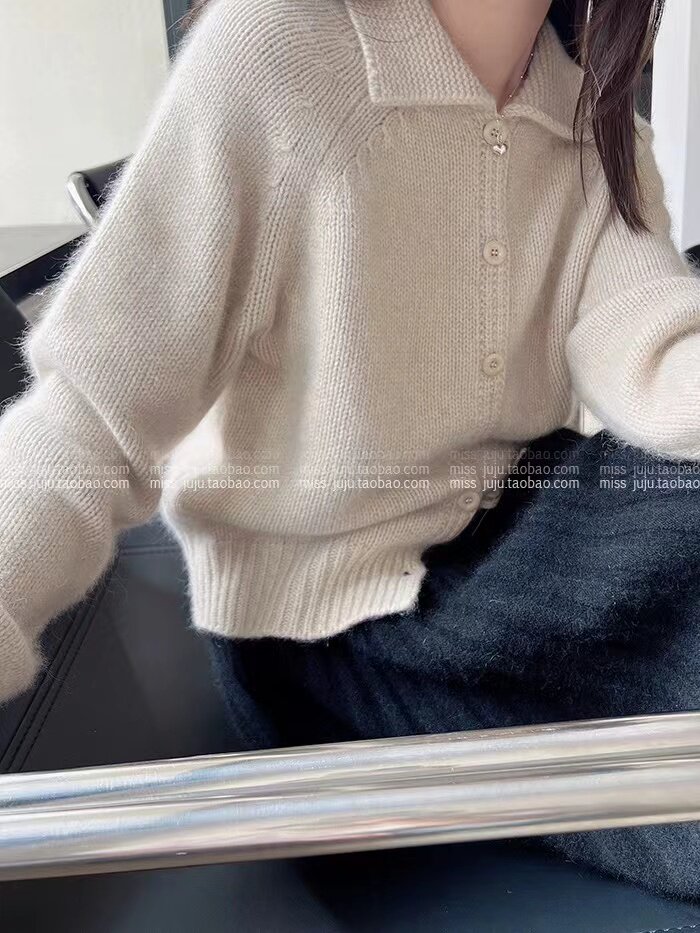 乳白色拼接翻领毛衣外套秋冬韩系慵懒宽松开衫外穿上衣,针织衫/毛衣,半城羊绒