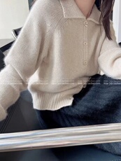 乳白色拼接翻领毛衣外套秋冬韩系慵懒宽松开衫外穿上衣，女装针织衫/毛衣，半城羊绒