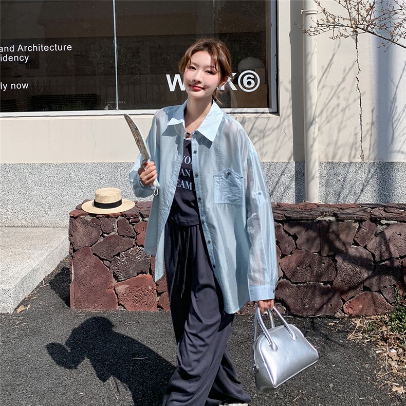 蓝色防晒衬衫时尚套装女春夏2025新款韩系慵懒风显瘦吊带裙两件套,女装套装/套裙,2C261