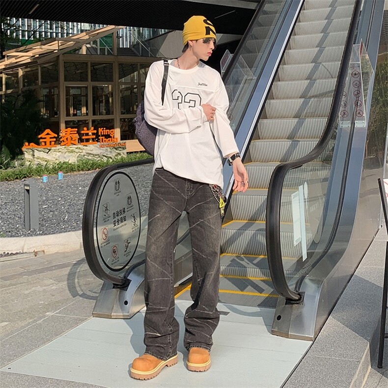 美式高街cleanfit风格重磅水洗黑灰微喇版型牛仔裤泼墨毛边长裤男,男装牛仔裤,星座506A