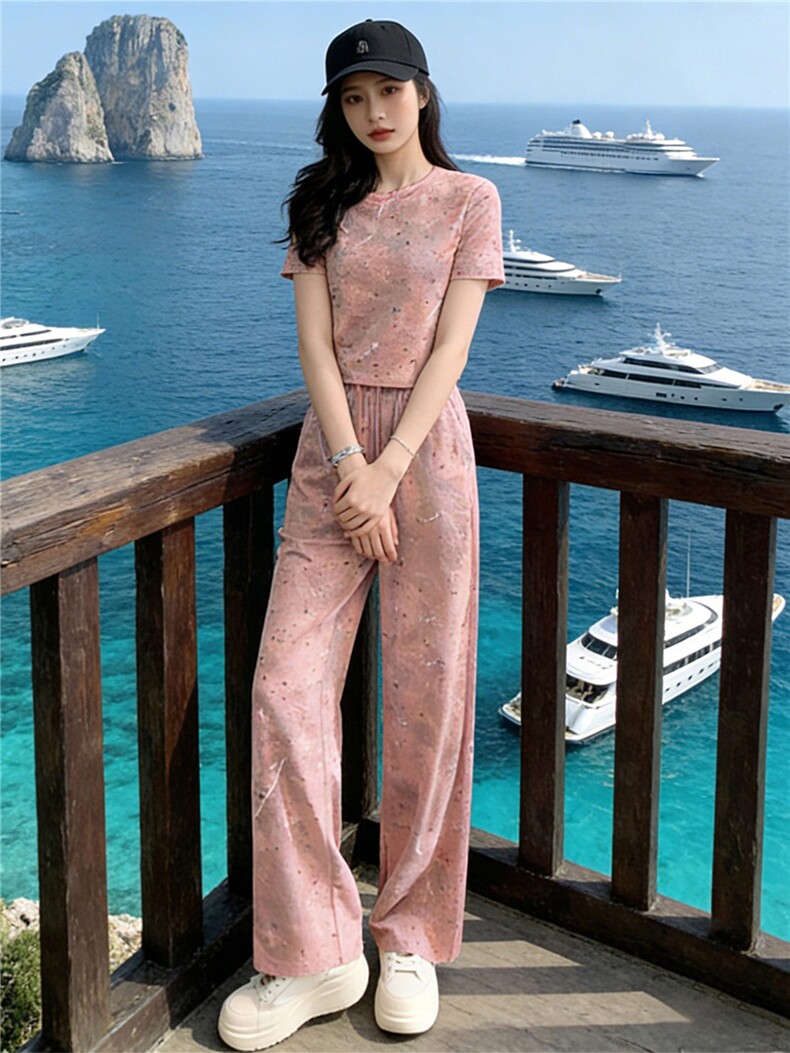 慵懒风通勤休闲运动套装女夏季新款洋气粉色扎染短袖阔腿裤两件套,女装套装/套裙,江南