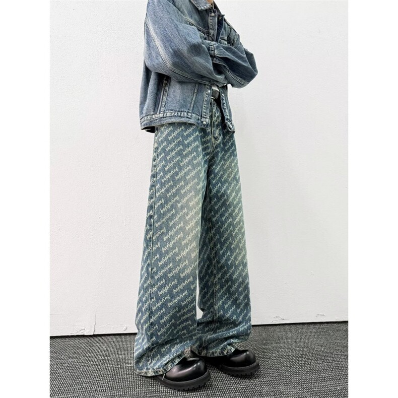 春秋美式休闲提花满印牛仔裤男直筒宽松百搭阔腿长裤潮RK3179-P51,男装牛仔裤,星座412-3