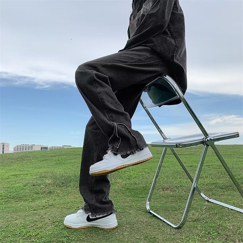 黑灰色毛边牛仔裤男vibe裤子高街美式复古拉链微喇裤GN2803-P45,男装牛仔裤,星座1001-1