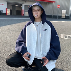 美式开衫卫衣男款春秋季潮牌撞色拼接青少年插肩袖运动风夹克外套，男装卫衣，星座1503