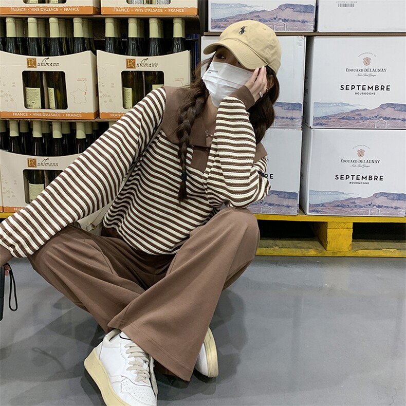 23新品海军领条纹卫衣+休闲阔腿裤两件套，女装运动套装，菡迪欧娜