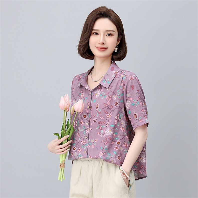 棉麻印花短袖薄款衬衫女2025年夏季新款小个子宽松妈妈遮肚子上衣,女装衬衫,依恋蒂丝