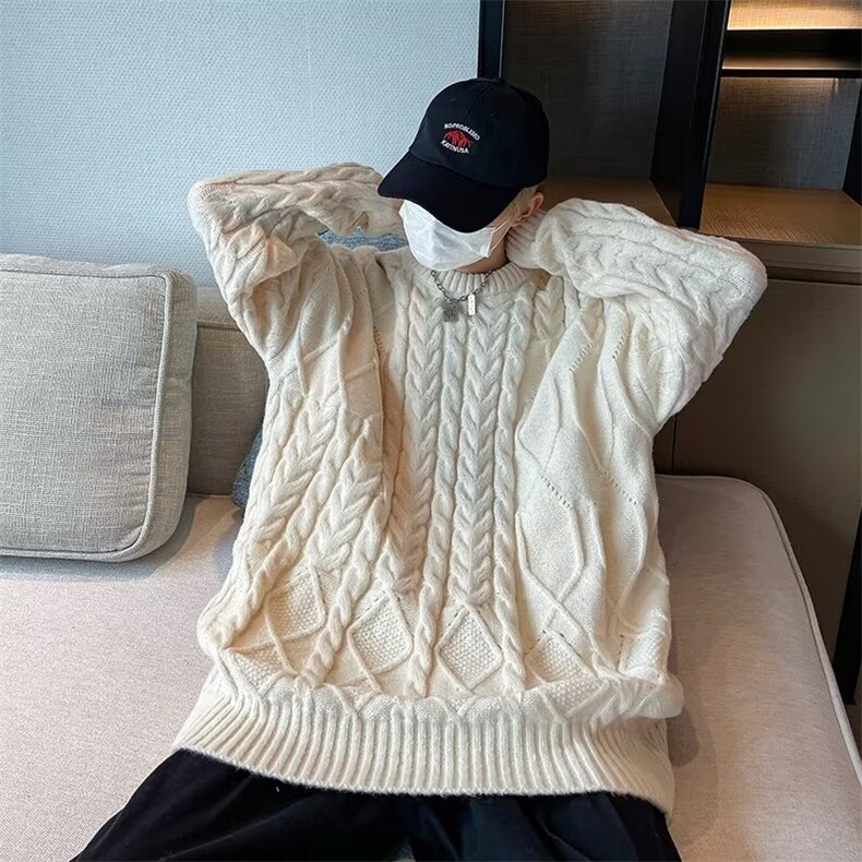麻花宽松毛衣外穿男女情侣韩版设计慵懒风港风圆领针织外套P52图片