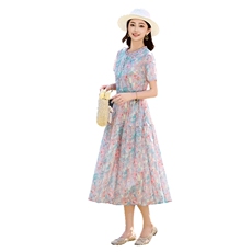 优雅气质休闲全棉碎花连衣裙女2026夏季新款收腰显瘦减龄印花长裙，女装连衣裙，倪叶myz