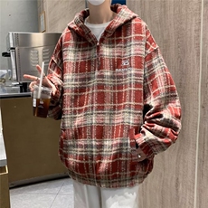 毛呢格子刺绣夹克男韩版潮流连帽高街帅2024冬季ins外套W5449-P60，男装夹克，星座412-2