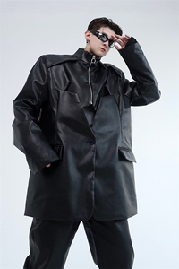春款设计款立领拼接潮流男皮衣外套个性时髦痞帅西服夹克121P155图片