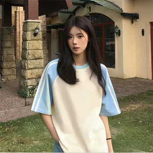 抖音得物品质二开240克宽松纯棉美式潮牌插肩三杠织带短袖T恤图片