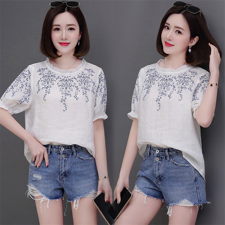 蕾丝衫2021年夏季新款花色圆领短袖时尚潮流气质优雅，女装蕾丝衫/雪纺衫，依万里