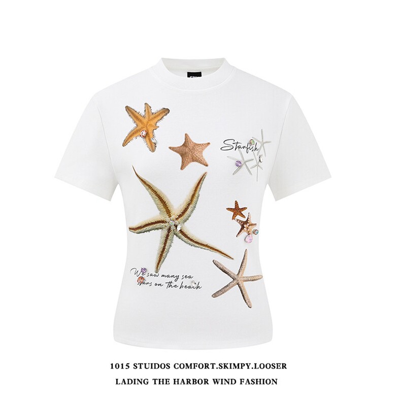 （女装）美式海星烫钻印花正肩小个子短款短袖T恤1015-T544-P55，女装T恤，四季星座1015