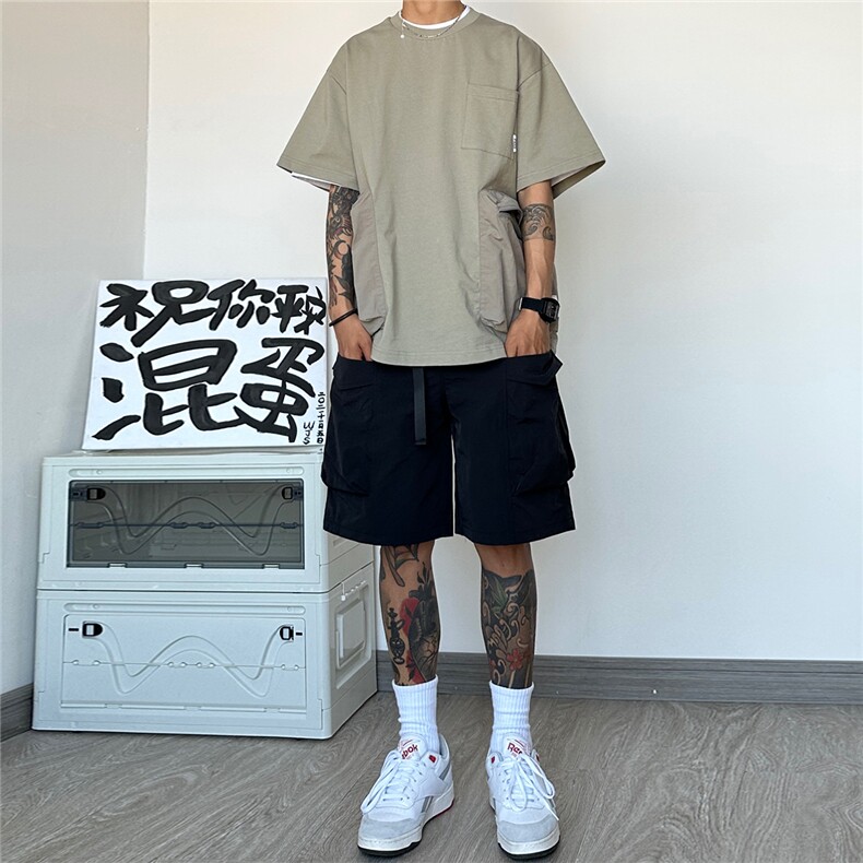皱感【三防】工装多口袋织带松紧腰绳休闲短五分裤XK008-P50控68,男装牛仔裤,星座216(原A116)