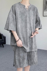 特批P48无差价纹理感v领扎染男大码短袖短裤两件套T5398+DK5998，男装休闲套装，电商A001