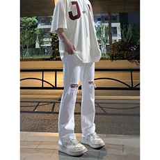 B221美式ins高街简约小众设计毛边破洞牛仔裤LK23067-P60控78，男装牛仔裤，电商B221